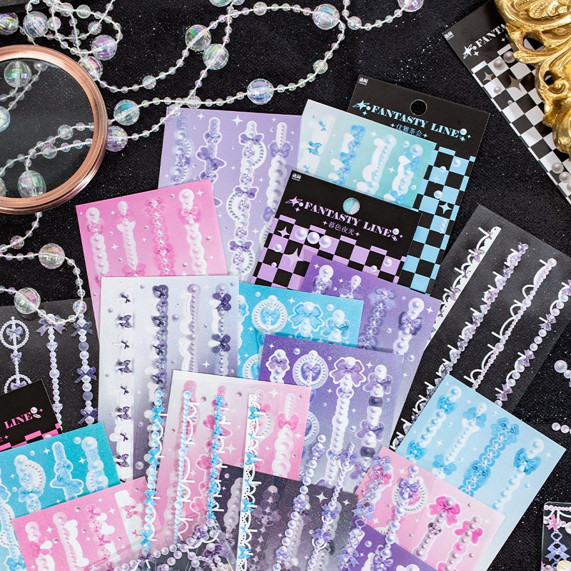 4 Sheets Pearl Dreams Chain Decorative Sticker Ins Laser Borders Scrapbooking Material Label Diary Cup Journal Planner