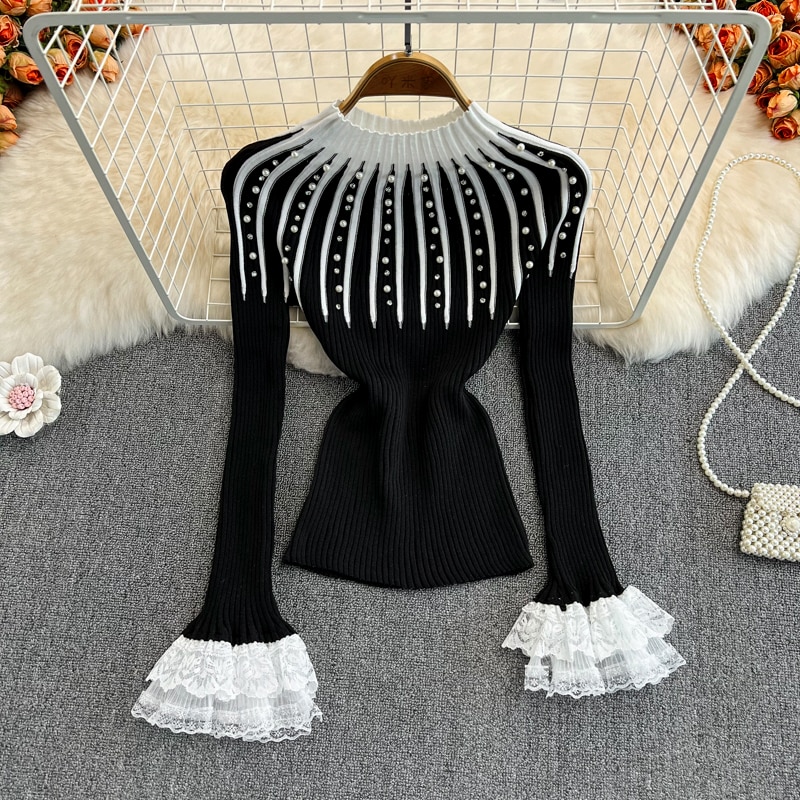WDMSNA Fashion High Collar Sueters De Mujer Long Sleeve Women Sweater Autumn Winter Lace Flare Sleeve Knitted Pullover Slim Top