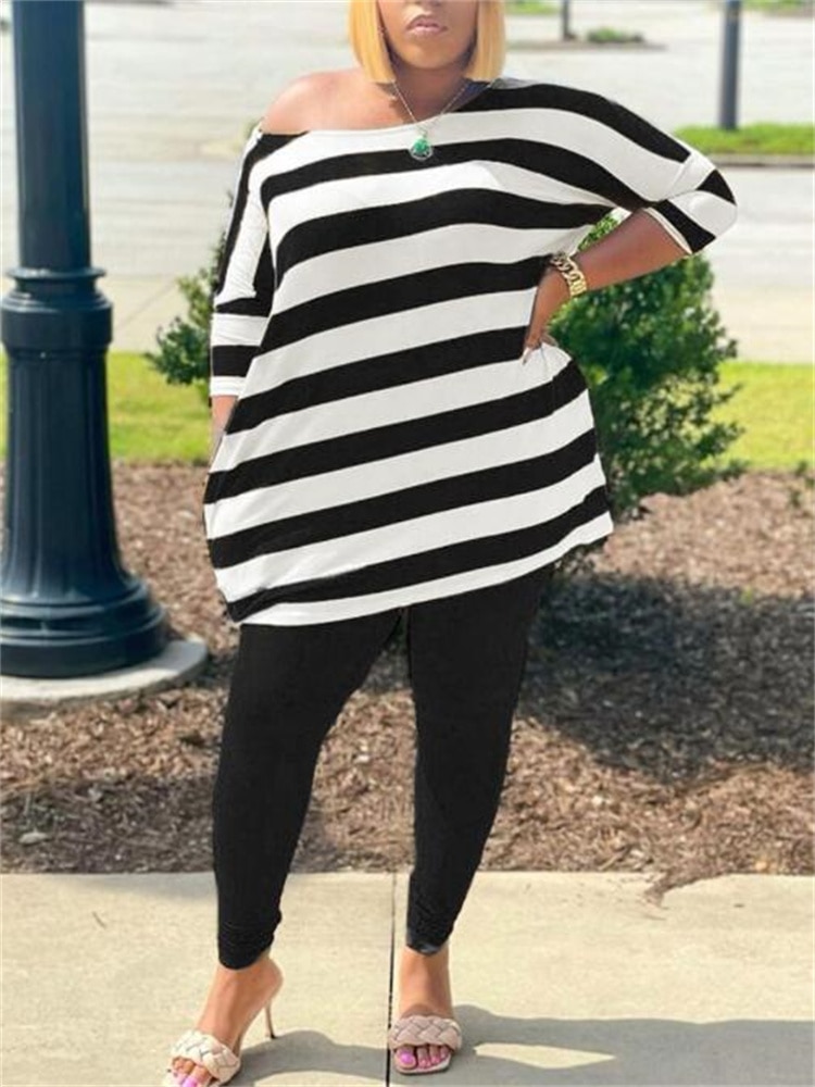 Plus Size Women Sets Striped Tops And Pencil Pants 2023 Spring Two Piece Set Female Designer Cloth Casual Sweatshirt Tracksuit