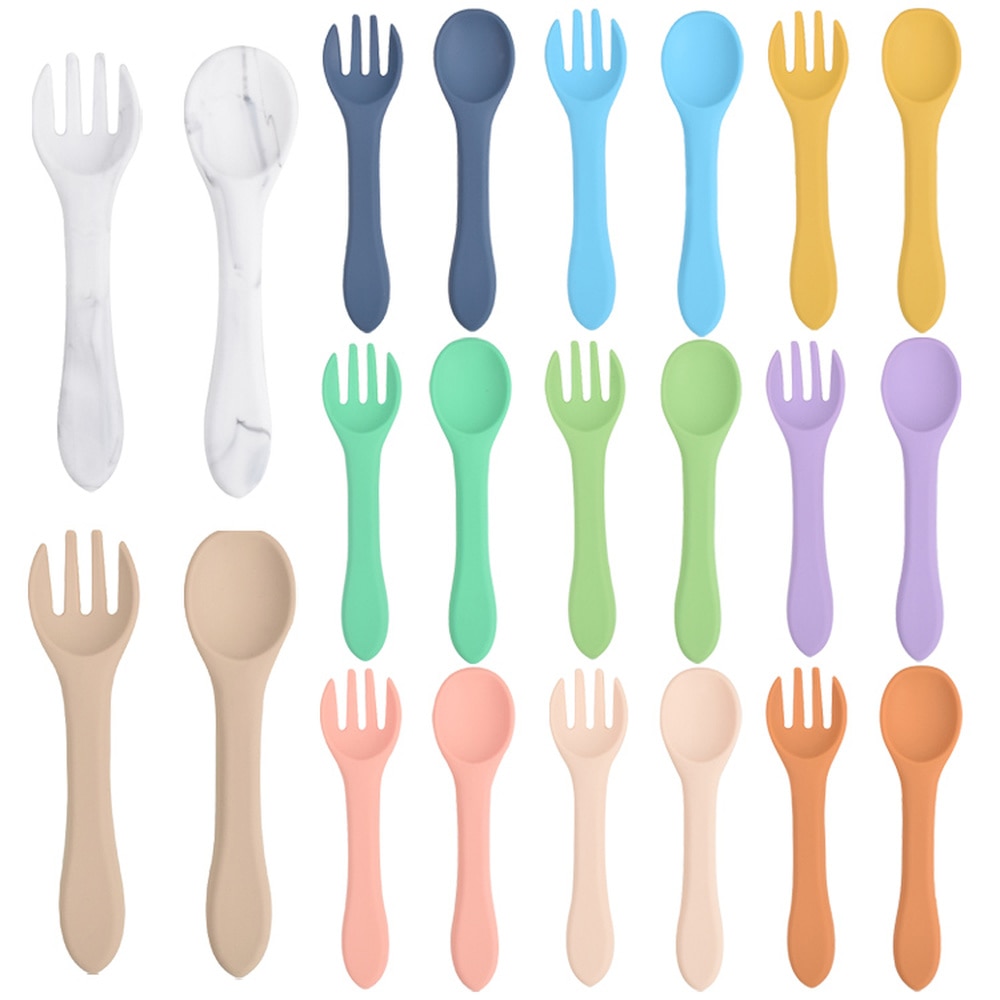 2PC Soft Tip Silicone Fork Spoon Baby Feeding Set Children Dishes Toddler Infant Feeding Accessories BPA Free Silicone Tableware