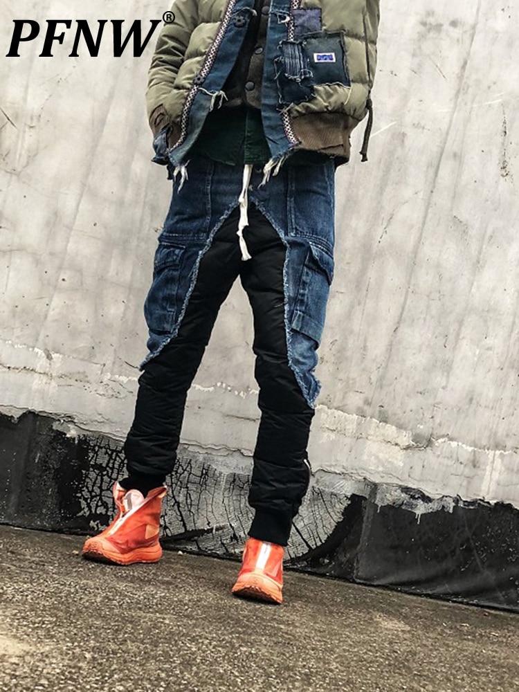PFNW High Street Personality Spliced Men's Drawstring White Duck Down Pants Winter Autumn New Tide Thickened Trousers 12A60