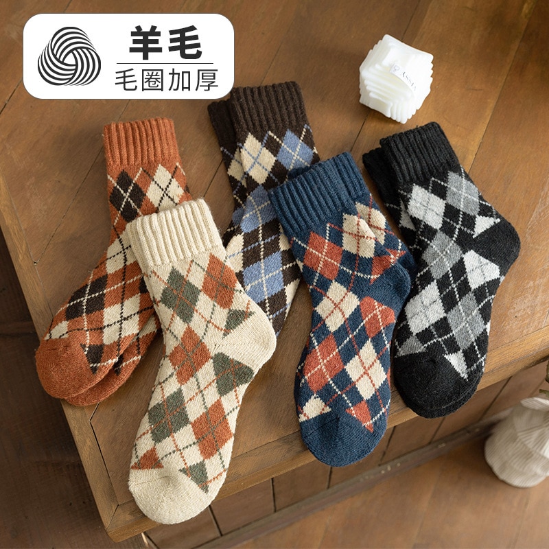 Men's Wool Socks Vintage Style Winter Plush Thickened Socks with Rhombus Pattern Vintage Socks