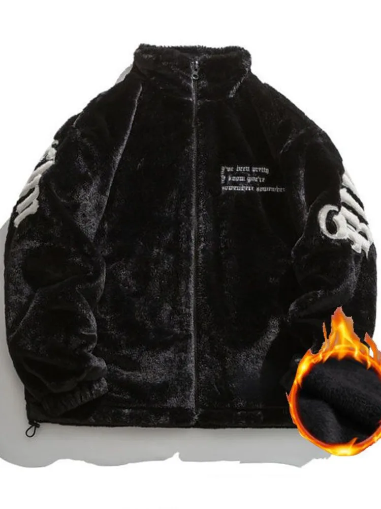 Imitation Mink Rabbit Fur Stand Embroidered Padded Fleece Jacket Men Winter Casual Thickened Coat Unisex Hip Hop Warm Streetwear