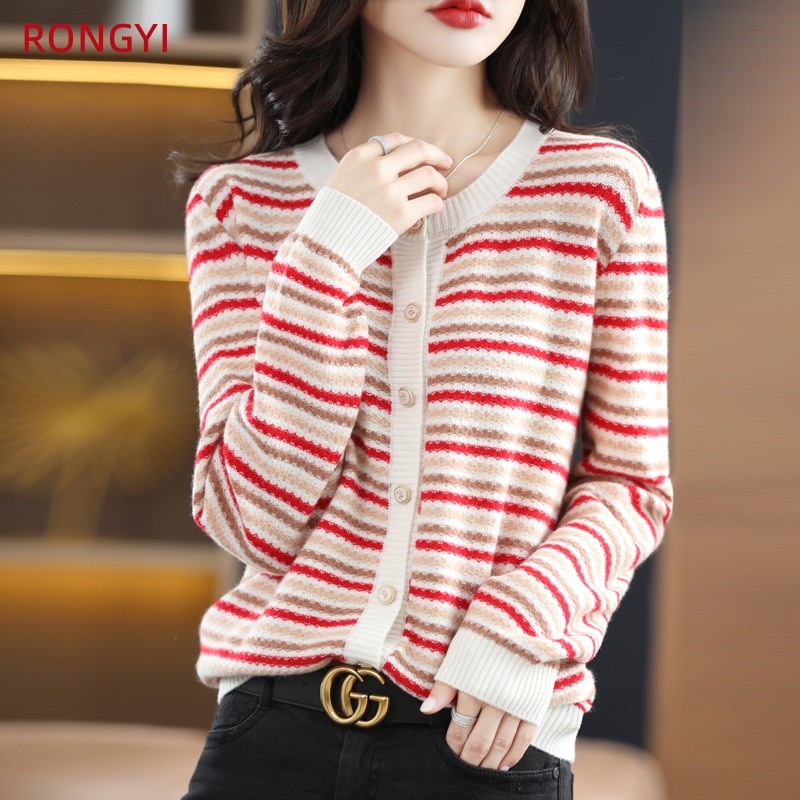 RONGYI 100% Pure Wool Women's Spring And Autumn Striped Cashmere Cardigan O Neck Knit Female Coat Blouse Long Sleeve Top