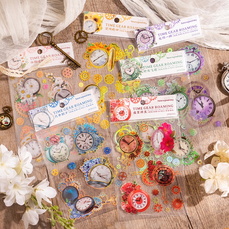 2pcs/1lot kawaii Stationery Sticker Clock and flower Diary Planner junk journal Decorative Scrapbooking DIY Craft Sticker