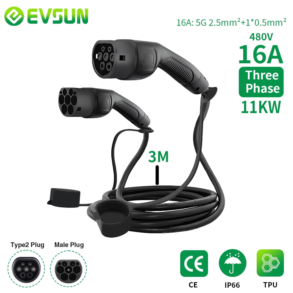 EVSUN EV Car Charger Charging Cable 3 Phase Electric Vehicle 16A Type 2 Female to Male IEC 62196 Plug Charging Station 11KW