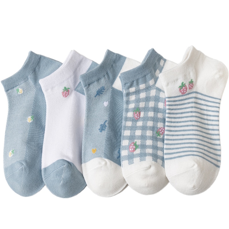 Summer Thin Sweat-absorbing Breathable Sweet Strawberry Pattern Short Tube Shallow Mouth Invisible Socks 5pcs Set Women Socks