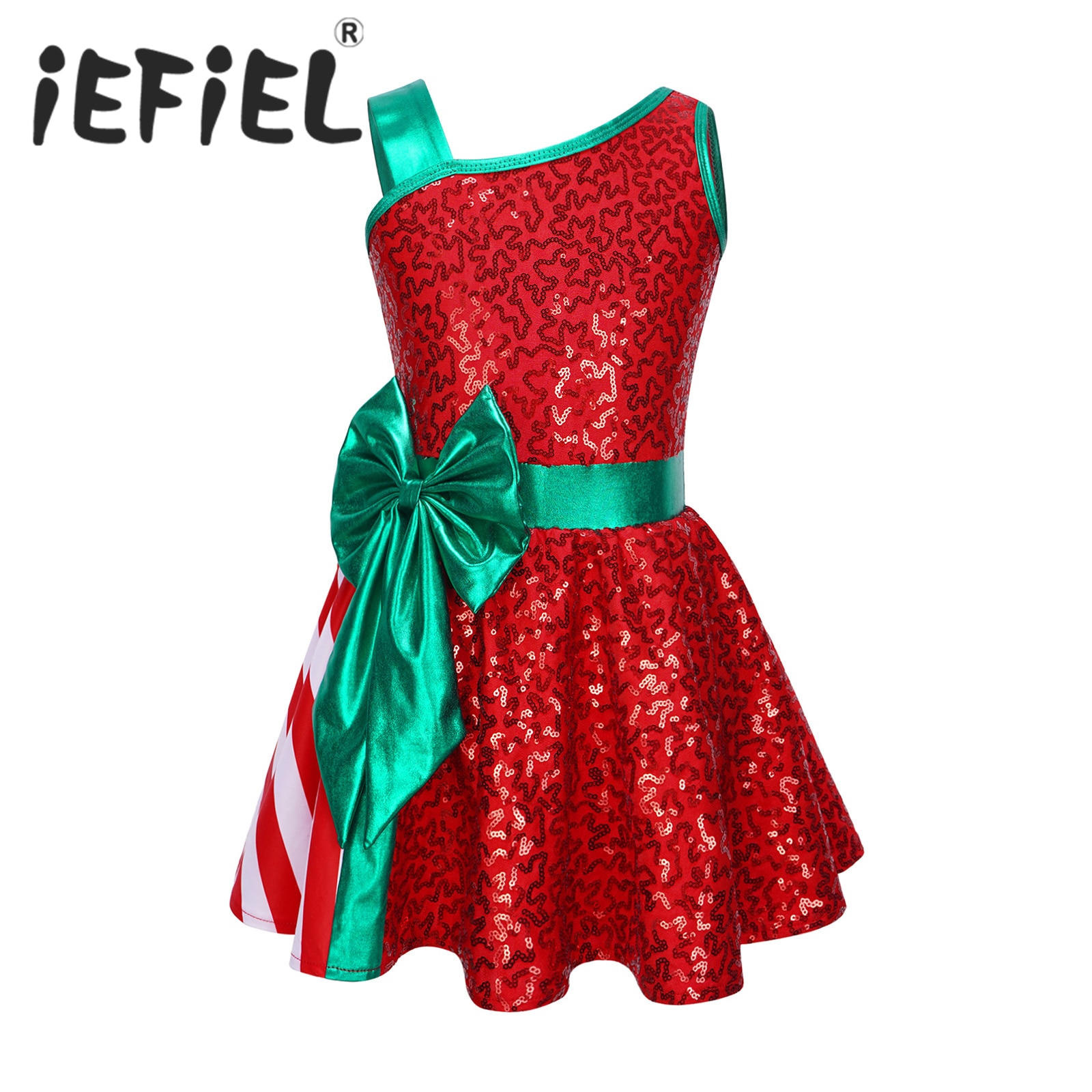 Kids Girls Sequins Christmas Costume Xmas New Year Cosplay Dress Big Bow Stripe Stage Performance Santa Clause Party Dancewear
