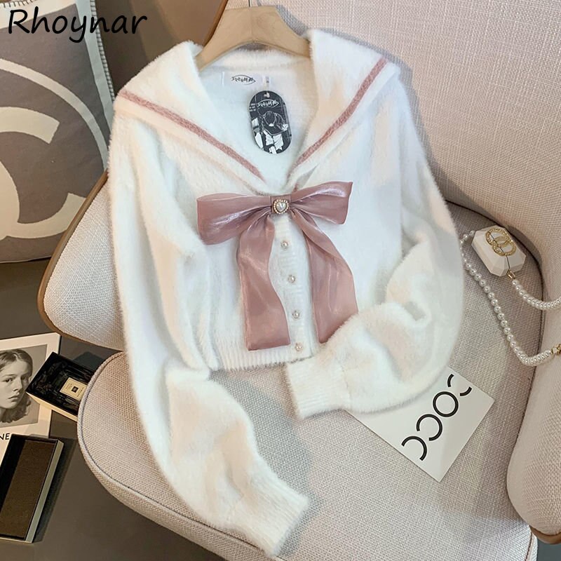 Preppy Style Sailor Collar Cardigans Women Sweet Young Girls Ins Simple Korean Fashion Cropped Knitted Soft Sweaters Kawaii Fall