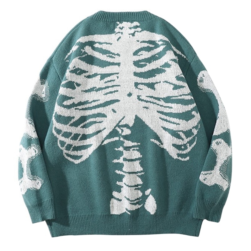 Autumn Crew Neck Sweater for Unisex Oversized Skeleton Bone Print Knit Sweater
