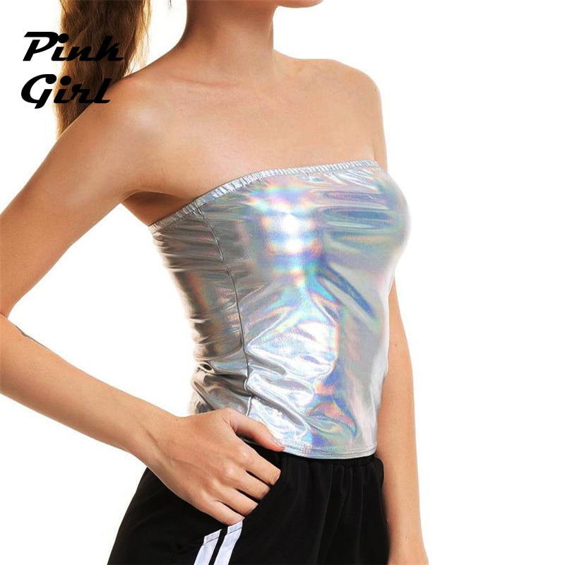 Women Liquid Metallic Strapless Tube Tank Tops Summer Sexy Chest-Wrapped Tops Clubwear Holographic Wetlook Leather Party Outfits