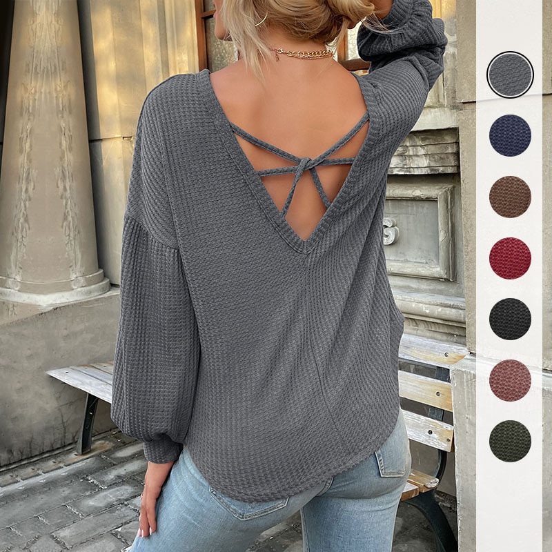 2023 New Women's Autumn and Winter Sweater Pullover Casual Tops Long-sleeved Gray Backless Hollow Knitwear