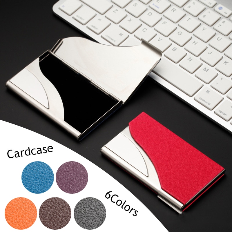 New Lychee Printed PU Card Case Fashion Modern High-Grade Business Credit Card Box Stainless Steel ID Case Desktop Storage Tool
