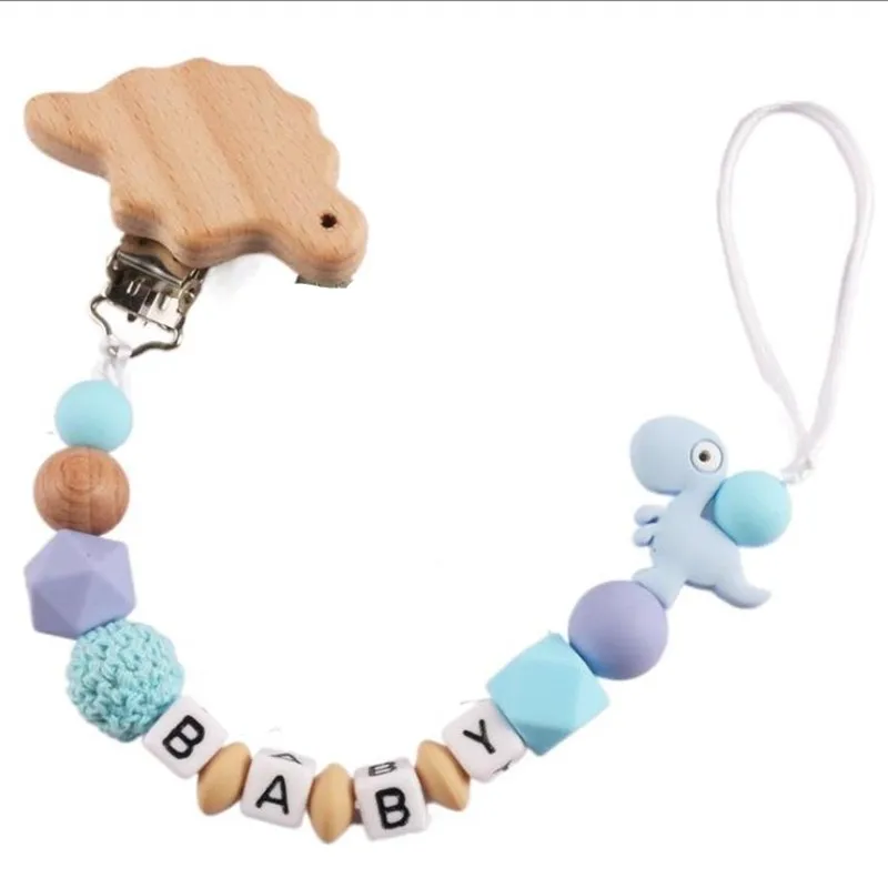 Dinosuar Personalized Pacifier Chain Beech Wood Dragon Clip Chain Teether Pacifier Anti-Drop Custom Baby Name Pacifier Clip