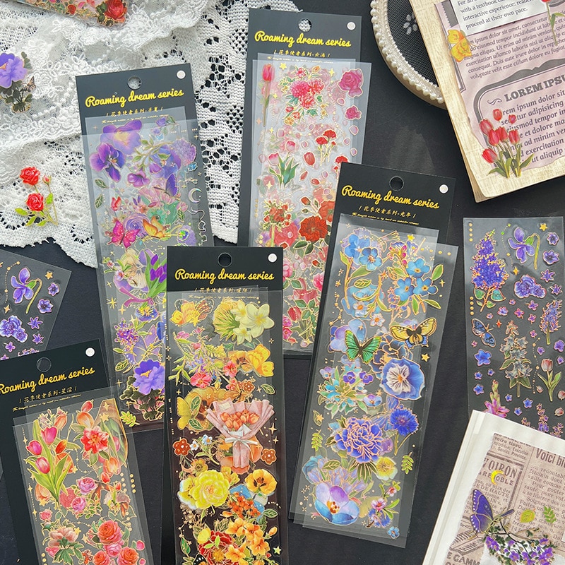 MOHAMM 3 PCS Plant Floral Gold Foil Stickers for Diary Planner DIY Scrapbooking Decoration Photocard Frames