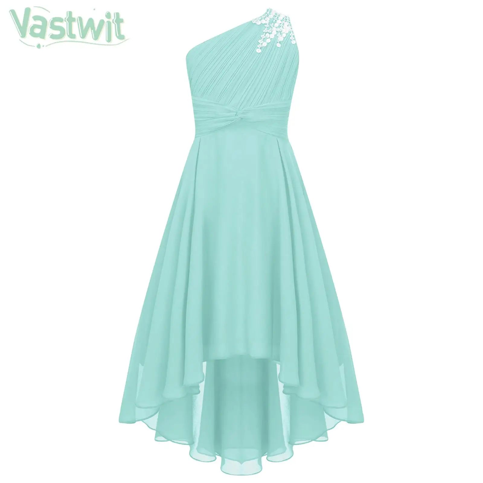 6-16Y Girls Christmas Wedding Birthday Party Dress Shiny Beaded Princess Evening Gown One Shoulder Hi-low Hem Ruched Dresses