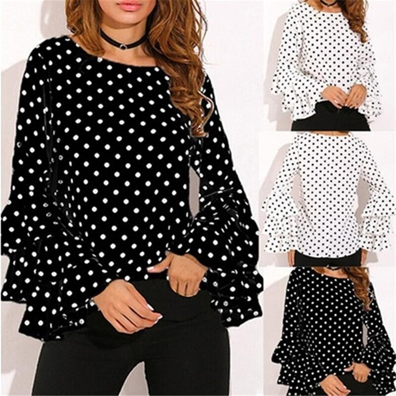 Women Printed Polka Dot Blusas Shirts Summer Fashion O Neck Pagoda Long Sleeve Blouse Femininas Casual Chiffon Tops T Shirts