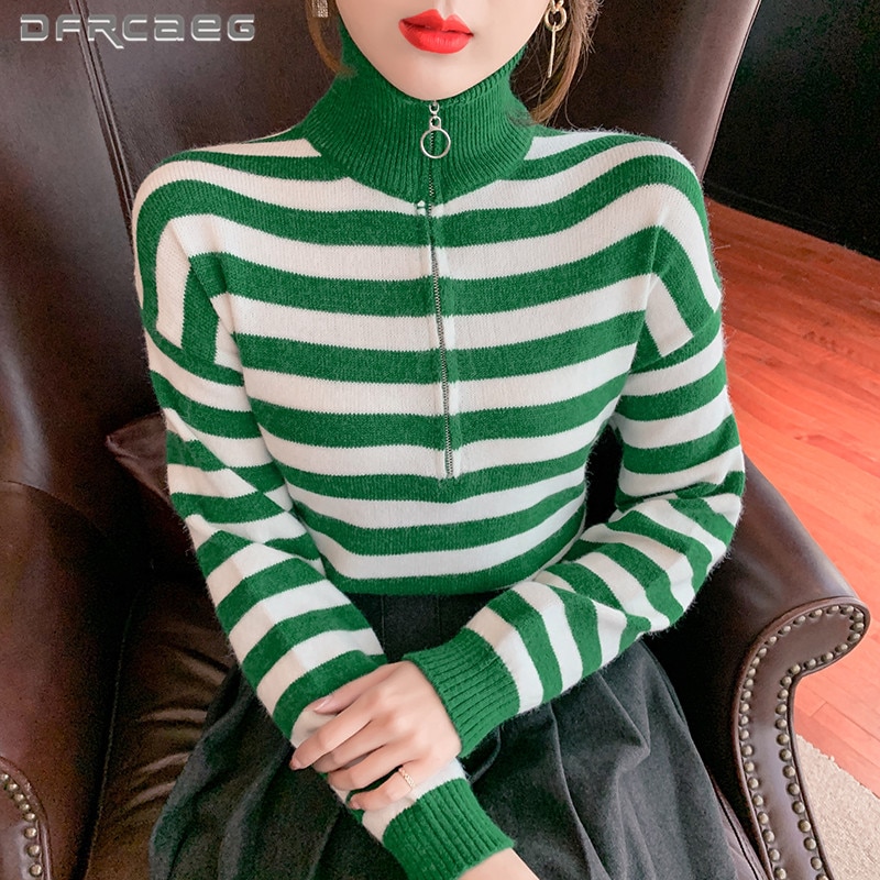 Patchwork Striped Turtleneck Winter Zipper Sweaters For Women 2023 European Casual Long Sleeve Slim Knit Pullovers Tops