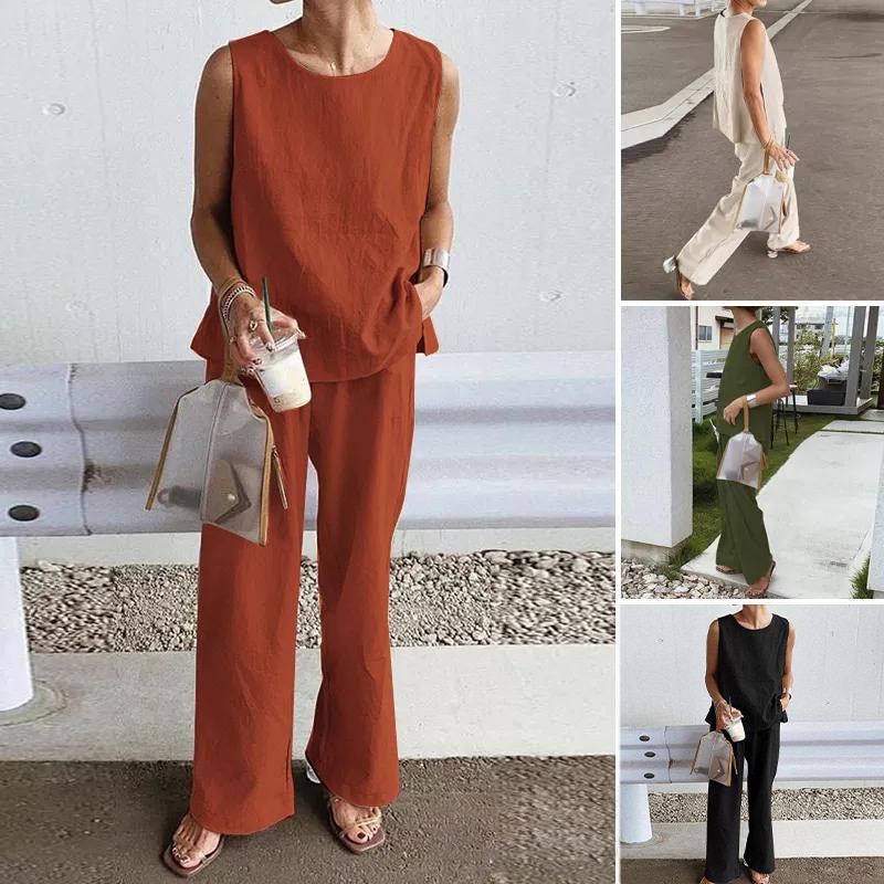 2022 Four Seasons Casual Loose Sleeveless Slit Solid Color Vest Trouser Suit Long Sleeve Trouser Stylish Two-piece Set
