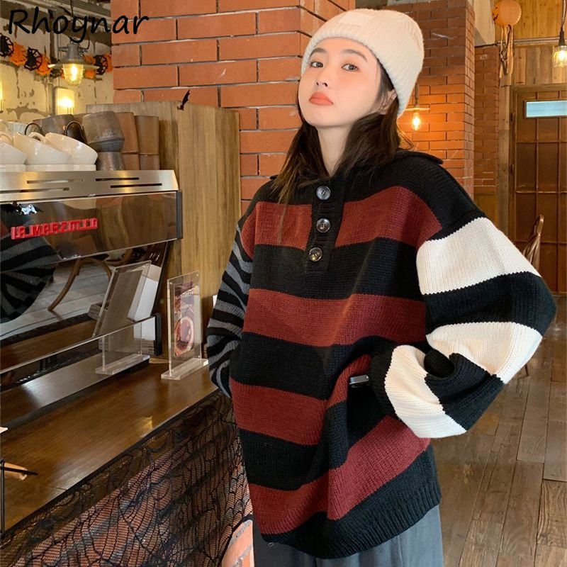 Korean Preppy Style Pullovers for Women Turn-down Collar Panelled Vintage Casual Loose All-match Ulzzang Knitted Sweaters Trendy