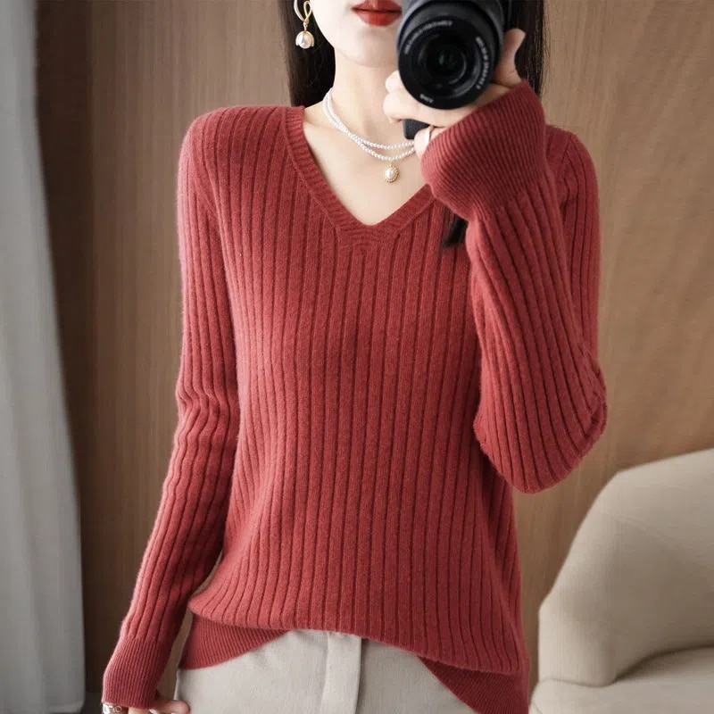 Women's Sweater 2022 Autumn Winter Knitted Pullovers V-neck Slim Fit O-neck Top Shirt Solid Soft Knitwear Jumpers Basic Swe