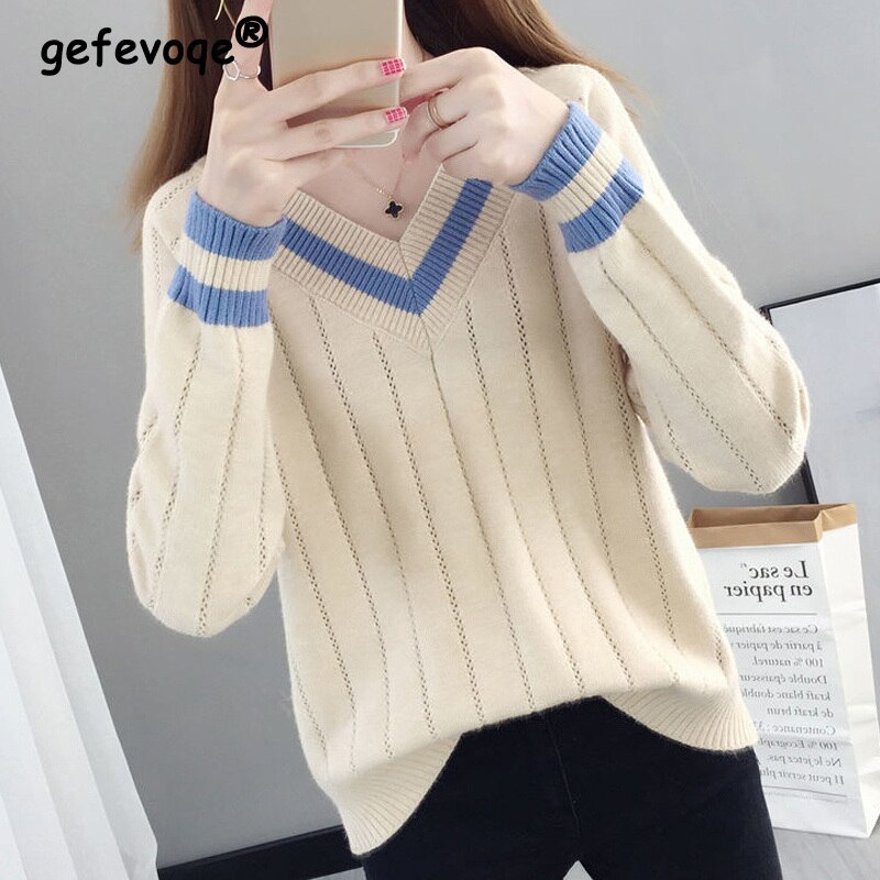Women's V Neck Long Sleeve Loose All Match Knitwear Autumn Winter Casual Fashion Simple Pullover Knitted Sweater Jumper Clo