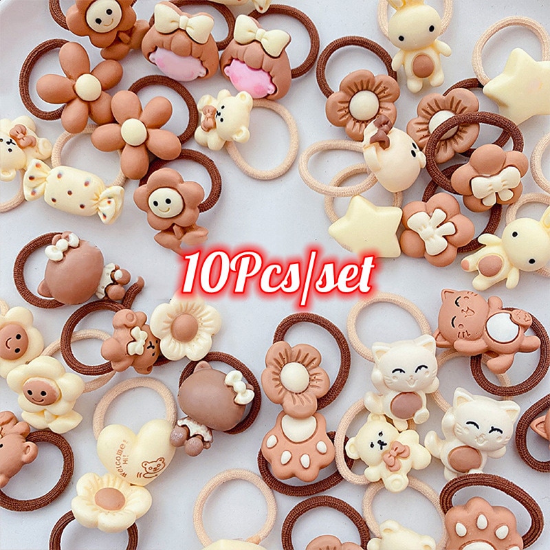 10Pcs/Set Baby Girls Cute Cartoon Flower Thumb Ring Scrunchies Rubber Bands Children Sweet Hair Bands Kid Hair Accessories