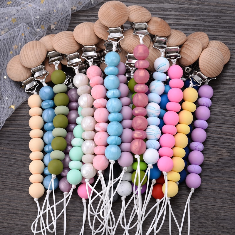 Baby Colorful Beech Pacifier Clip Silicone Round Beads Pacifier Chain Baby Dummy Holder Soothe Teething Anti-drop Nipple Clip