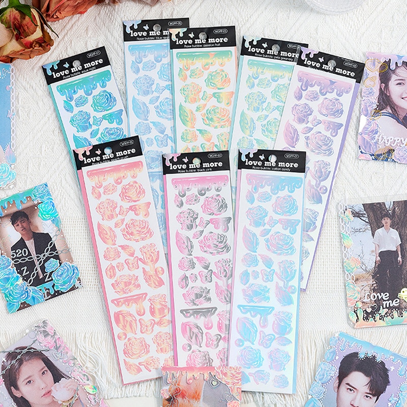 Rose Bubble Series Hand Account Sticker Laser Pvc Waterproof Goo Plate Small Sticker Goo Card Material Paper Cup Mobile Phone