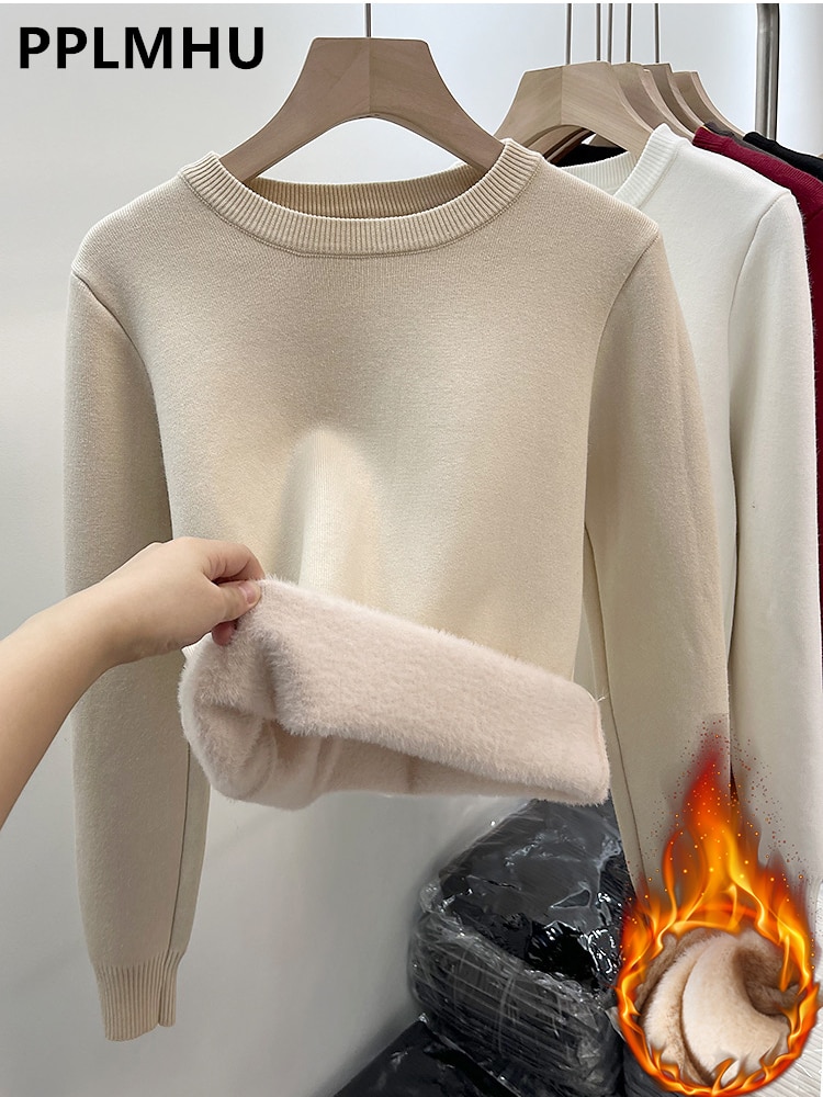 Women's O-neck Plus Velvet Thicken Sweaters Winter Slim Warm Long Sleeve Knitted Tops Casual Basic Fleece Lined Soft Pullov