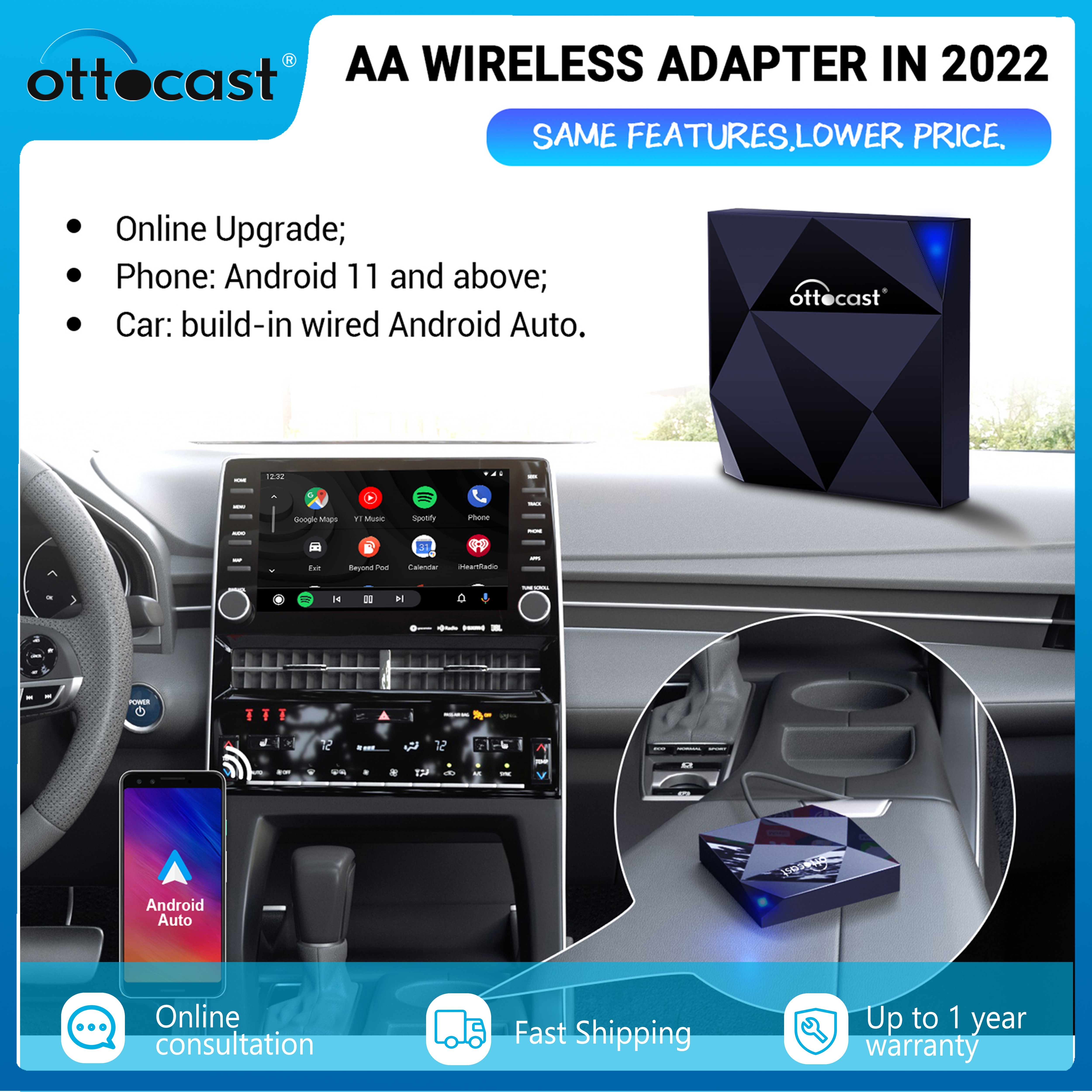 Ottocast A2Air Android Auto Wireless Adapter Wired To Wireless AA Dongle Activator Android Car Accessories for Kia VW Audi Ford