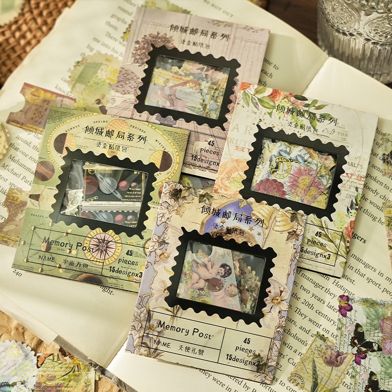 45pcs Vintage Memories Post Office Series Decorative Sticker Ins Handbook Scrapbooking Material Label Diary Cup Journal Planner