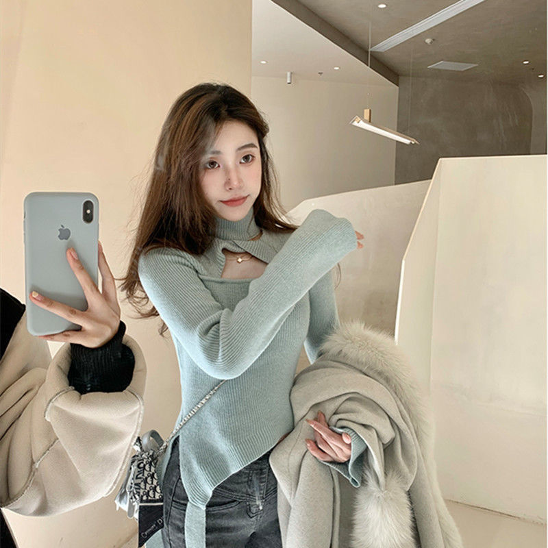 2023 New Spring Autumn Women Sweater Halter Design Hollow Out Solid Color Long Sleeve Slim Bottoming Knitted Tops Jumper E896