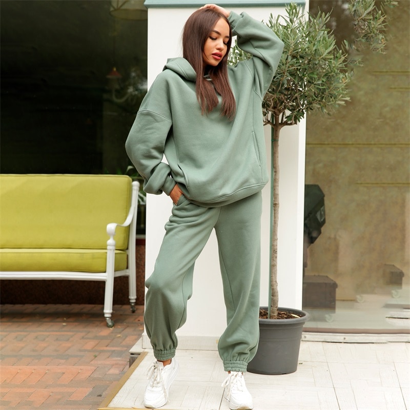 Two Piece Set Casual Fleece Tracksuit Women Winter 2022 Women's Sets Oversized Hooded Long Sleeve Hoodie Sport Pants Lady S