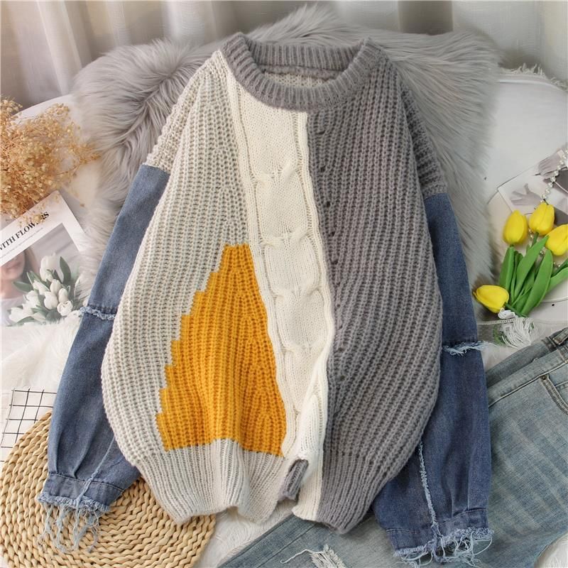 Fashion Fake Two-piece Sweaters Women Autumn Winter Trend Knit Pullover Casual Loose Denim Splicing Color Contrast Sweater Woman