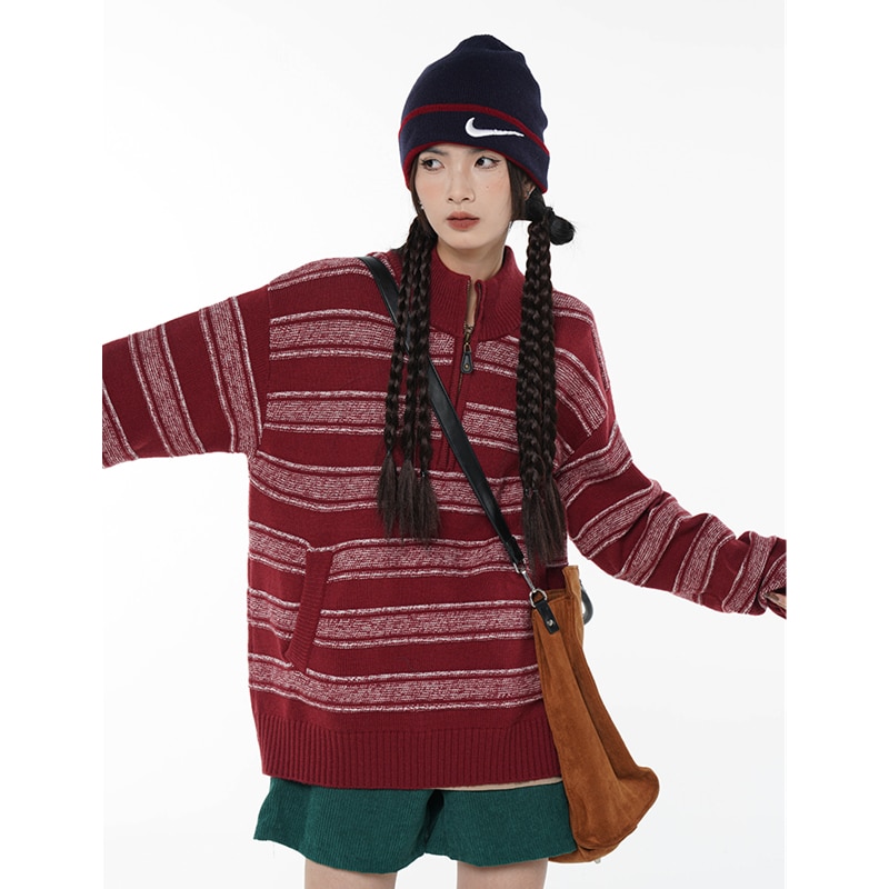 Women Red Stripe Sweater Color Contrast Half Zipper Fashion Vintage Lazy Wind Loose Winter Female Thickening Knitting Pullover