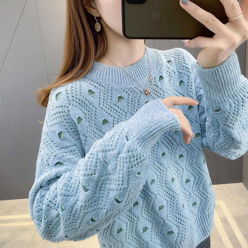 Fashion New Women's Sweater Loose Round Neck Embroidered Hollow Knit Sweater Japanese Style Pullover Commuter All-Match Top