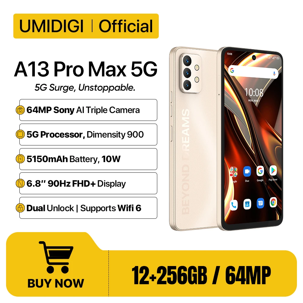[In Stock] UMIDIGI A13 Pro Max 5G Smartphone,12GB+256GB Dimensity 900, 90Hz 6.8'' FHD+ Display 64MP Triple Camera 5G C