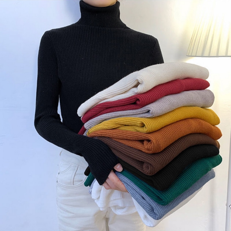 Women's Turtle Neck Knitwears Clothing Ribbed Jumper Autumn And Winter Thick Slim-Fit Knitted Pullover Sweater