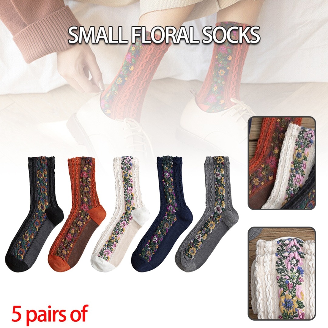 5 Pairs Women Lace Embroidered Vintage Winter Floral Cute Cotton Socks Female Retro Cotton Thermal Stockings Sock Underwear