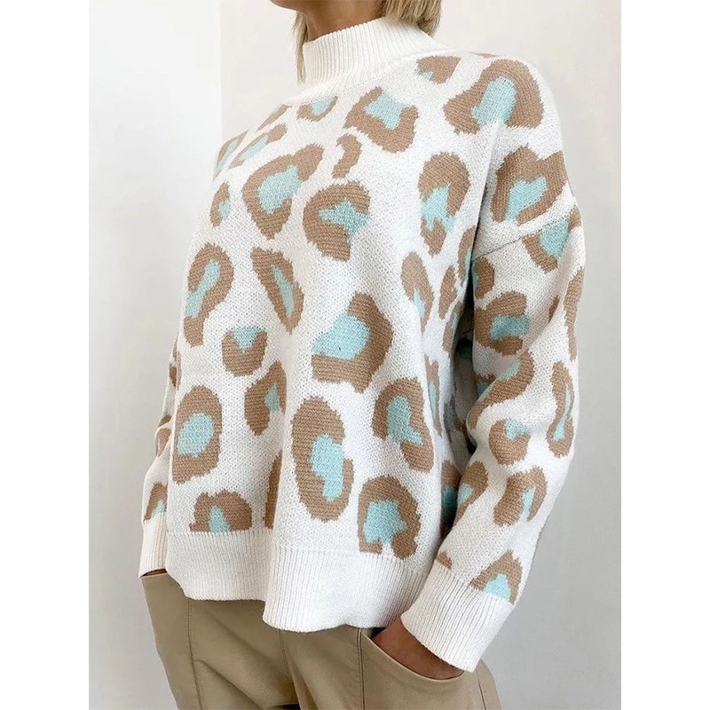 Ladies Sweater 2022 Leopard Print White Turtleneck Fashion Pullover Y2K Retro Warm Knit Women's Autumn and Winter Sweater