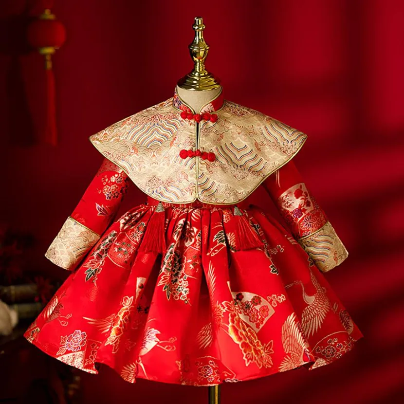 2022 Autumn Winter Children's Princess Evening Gown Shawl Design Birthday Baptism Dress Girls' New Year Clothes A2083