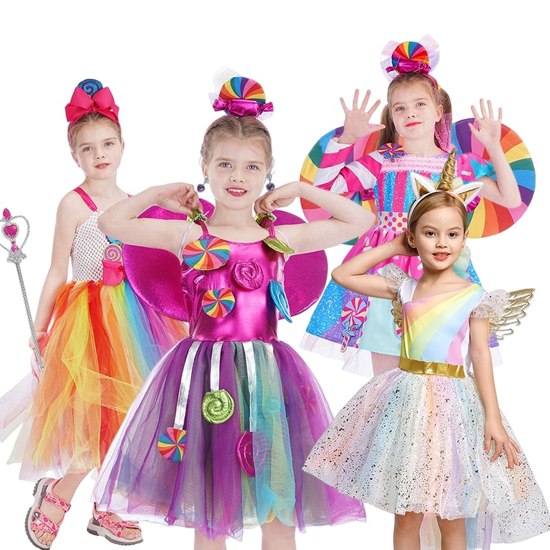 Rainbow Candy Dress For Baby Girls Party Costume Kids Cosplay Lollipop Princess Tutu Prom Gown Dress Children New Year Clothes
