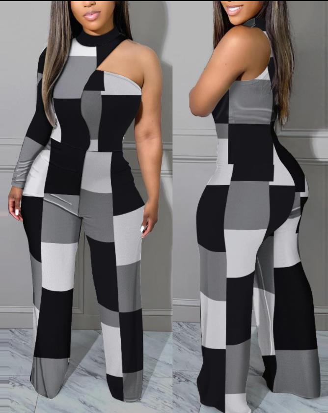 Sexy Geometric Print One Shoulder Dress Women's Jumpsuit Autumn Long Sleeve Belt Wide Leg Elegant New Skinny Dress White Bl