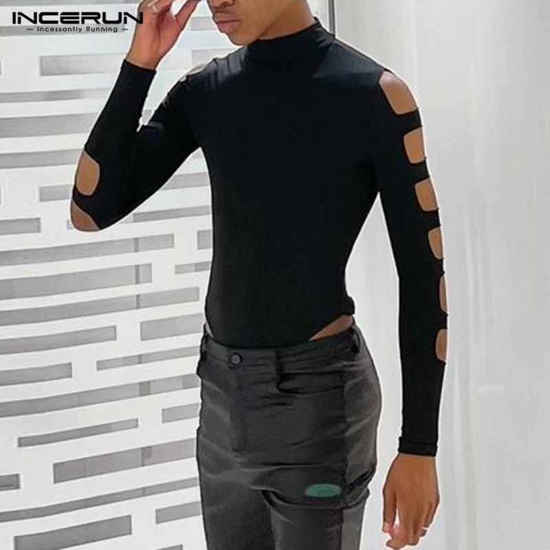 Men Bodysuits Solid Color Pajamas Sexy Turtleneck Long Sleeve Hollow Out Rompers Underwear Fitness Men Bodysuit S-5XL INCERUN