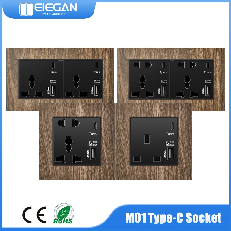 ELEGAN M01 Series 146 EU/UK/France Wall Socket High Power with USB Type-c Aluminium Alloy Wooden Panel Switch Light Home Socket