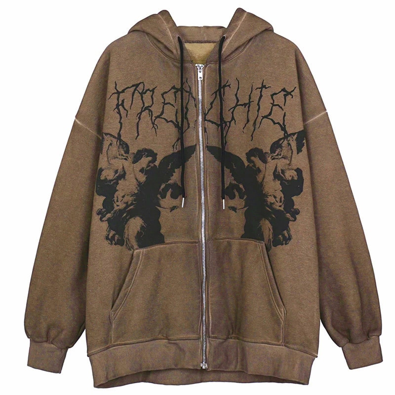 Autumn/Winter 2021 Women's cardigan hoodie Y2K street trendsetter printed loose pocket zipper coat