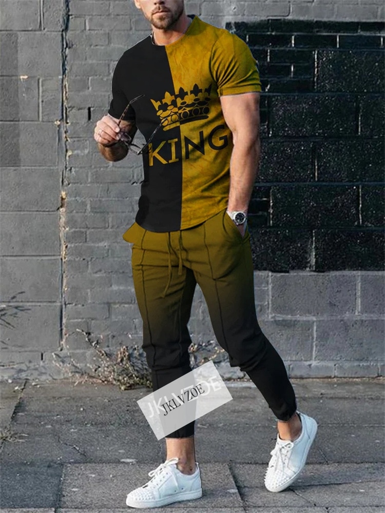 Summer Men's Ling King Tracksuit T-Shirt Trousers Set Jogging Suit Casual Fashion Streetwear Male Oversized Men Clothing Ou