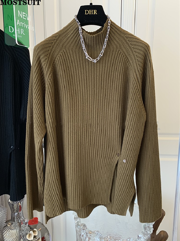 Stylish Elegant Solid Sweater Knitwear Women Half High Collar Long Sleeve Chic Fashion Loose Pullover Top All Match Basic Jumper
