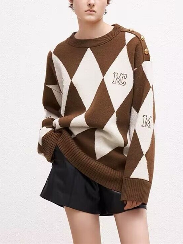 Shoulder Gold Button Women's Letter Jacquard Sweater 2022 New Autumn Winter Long Sleeve Female Argyle Wool Blend Warm Pullo